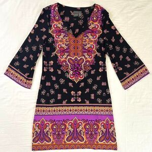 Muse Black Orange Purple Paisley Gemstone Mini Dress Flare Sleeve‎ Boho Hippie 8